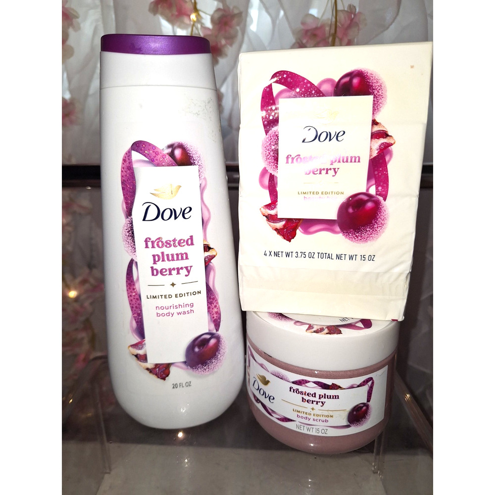Dove Limited Edition Frosted Plum Berry Bundle, body scrub, body wash & bar soap
